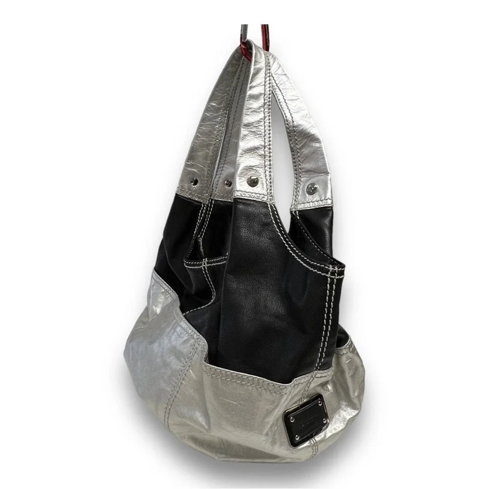 B. MAKOWSKY Vintage black silver leather hobo bucket bag with top stitching